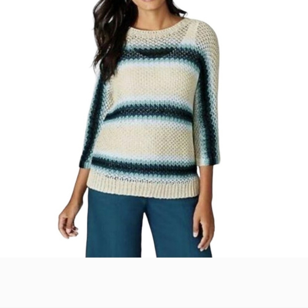 J. Jill Cream and Blue Striped Crew Neck Sweater